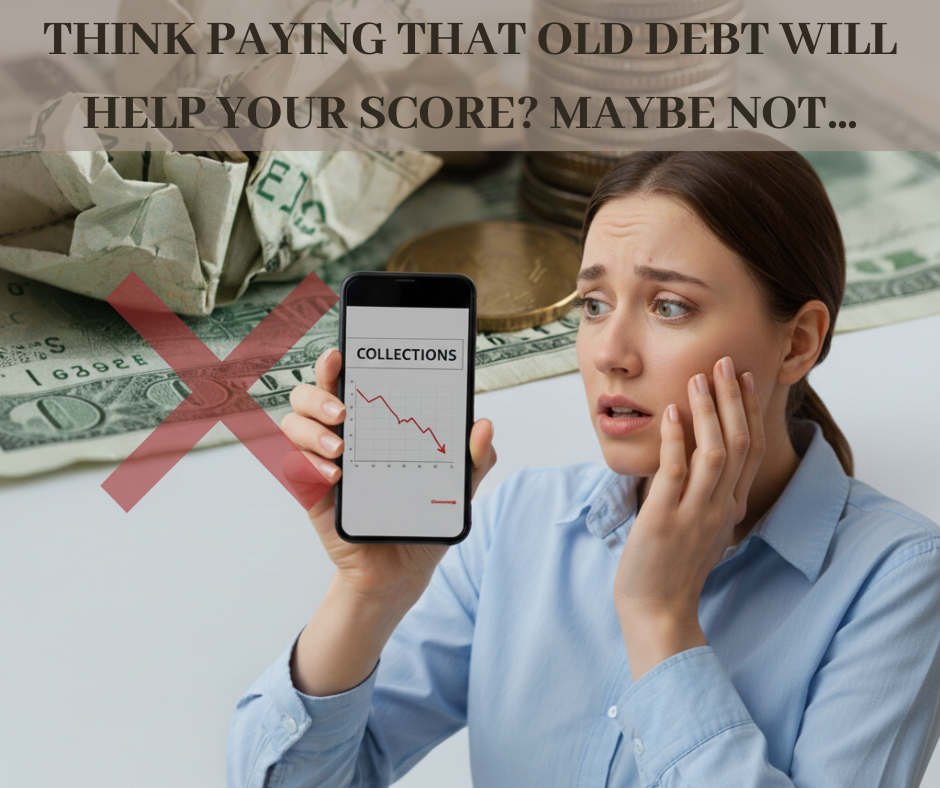 A worried woman holds a phone showing a declining graph labeled "collections." Background has cash, coins, and a red X. Text questions paying old debt.