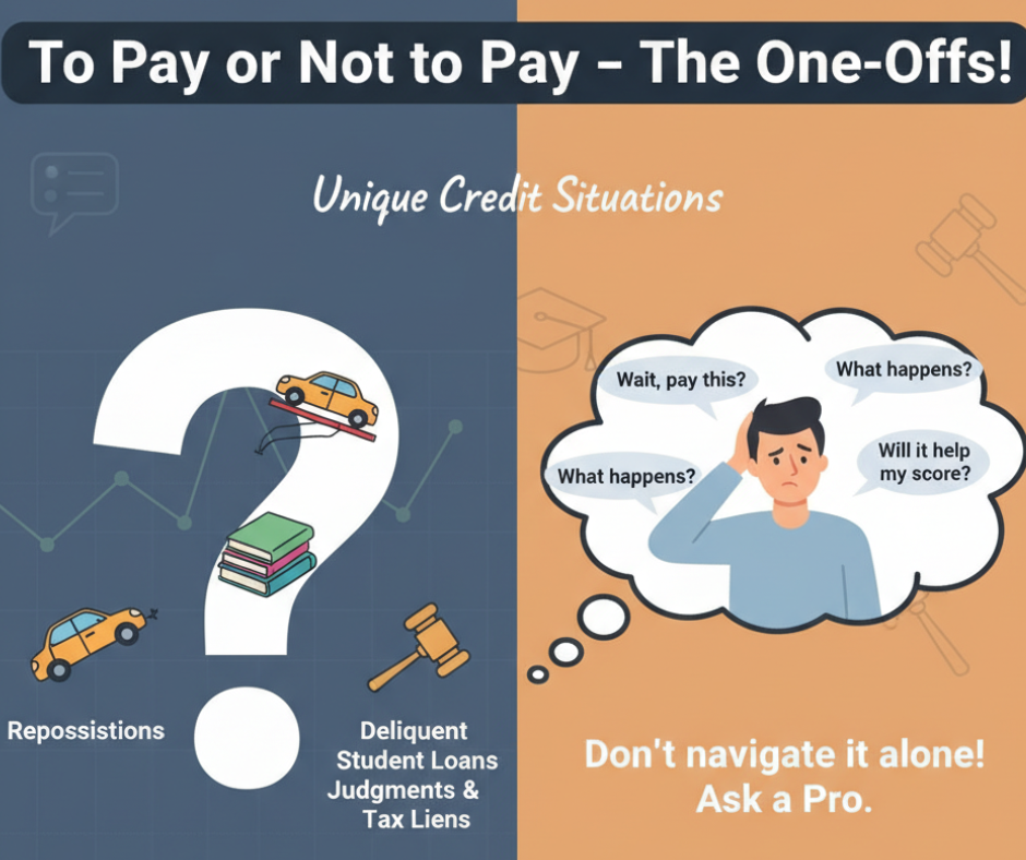 A split image with "To Pay or Not to Pay" theme. Left: Icons of a car, money, and a gavel with words like "Repossessions." Right: Confused man with speech bubbles.