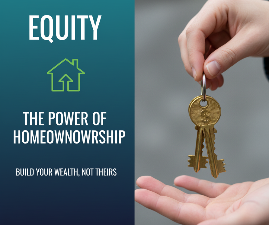 Split image: Left side has teal background with text "Equity: The Power of Homeownership. Build Your Wealth, Not Theirs." Right side shows hand holding keyring with keys.