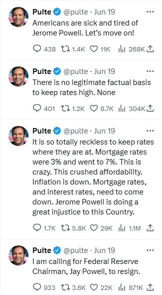 Pulte's tweets criticize Jerome Powell on interest rates. The tweets express frustration and demand Powell's resignation for high rates.