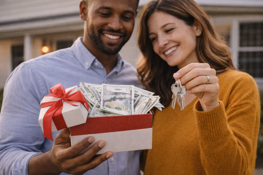 A joyful couple stands outside a house, holding a gift box filled with cash and a set of keys, symbolizing a new home purchase or financial gift.
